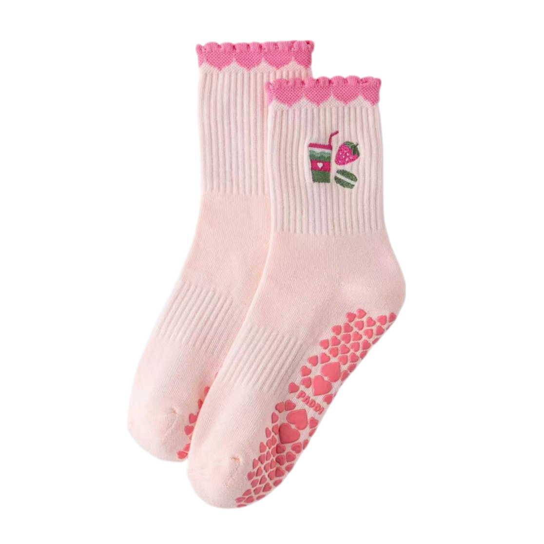 Strawberry Matcha embroidered grip socks