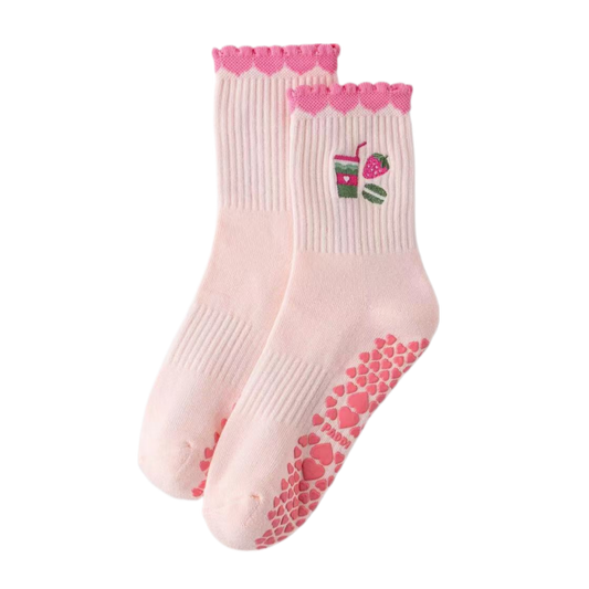 Strawberry Matcha embroidered grip socks